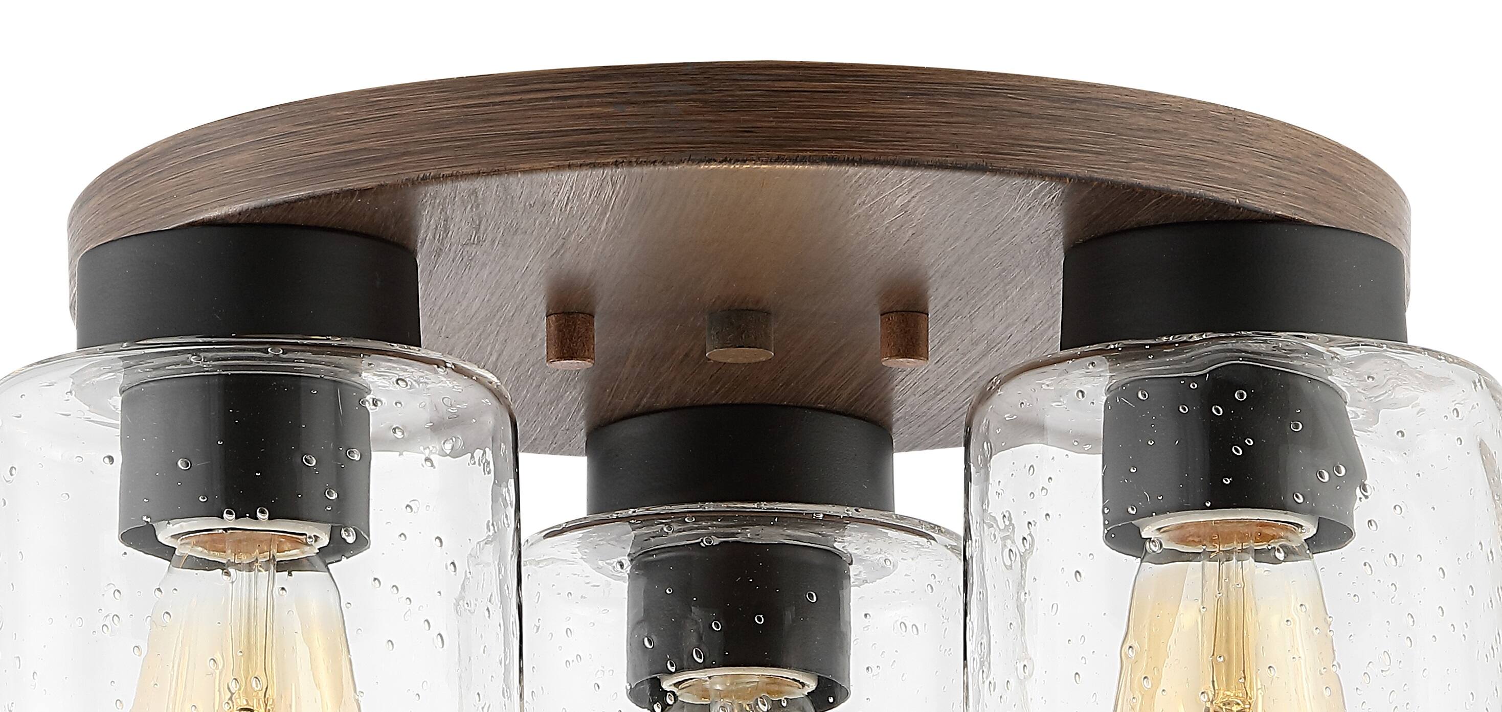 Alt View 4. Jonathan Y - Nola 13" 3-Light Bohemian Farmhouse Iron/Seeded Glass LED Semi Flush Mount, Wood Finish/Clear - Wood Finish.