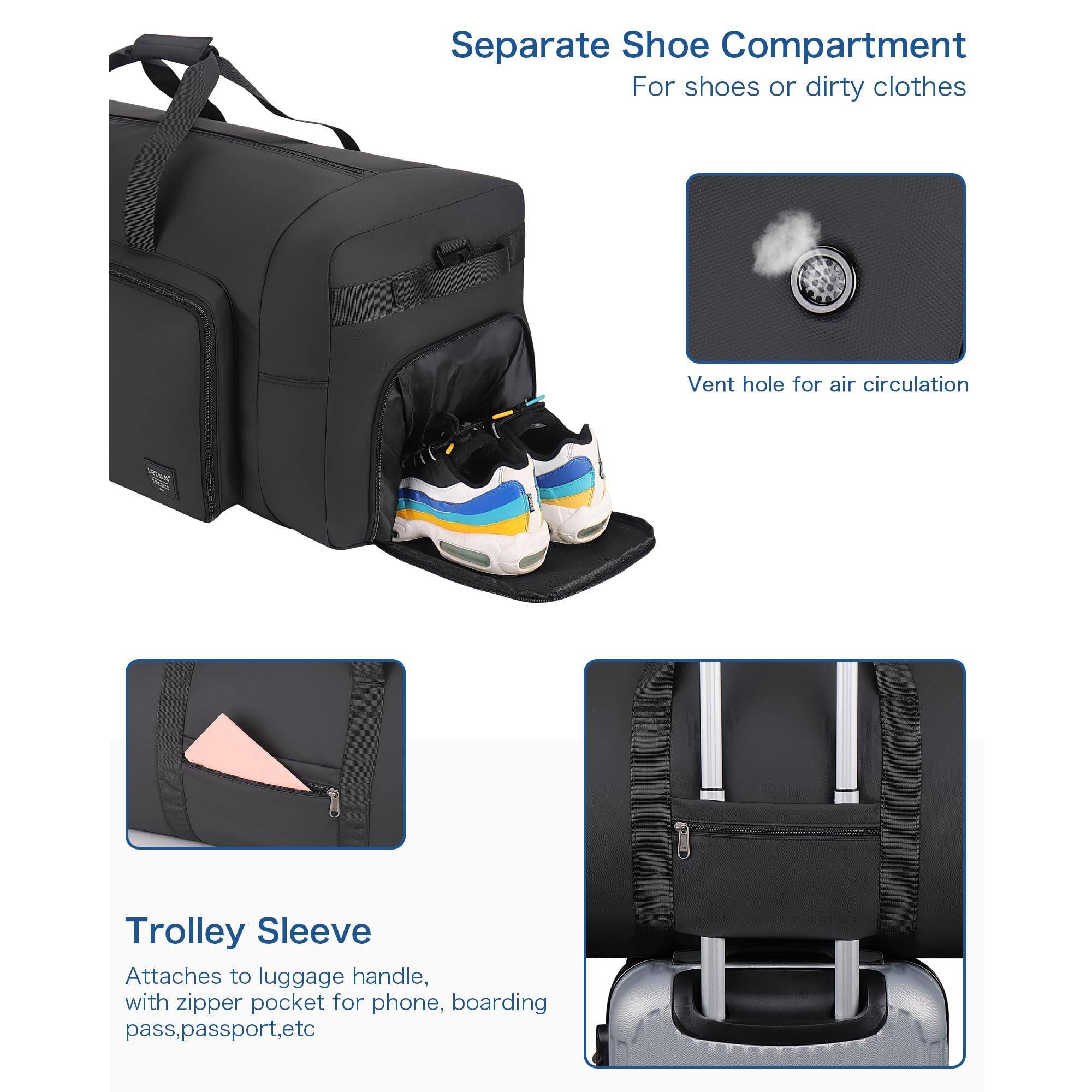 Separate Shoe Compartment  
For shoes or dirty clothes

Vent hole for air circulation

Trolley Sleeve  
Attaches to luggage handle, with zipper pocket for phone, boarding pass, passport, etc