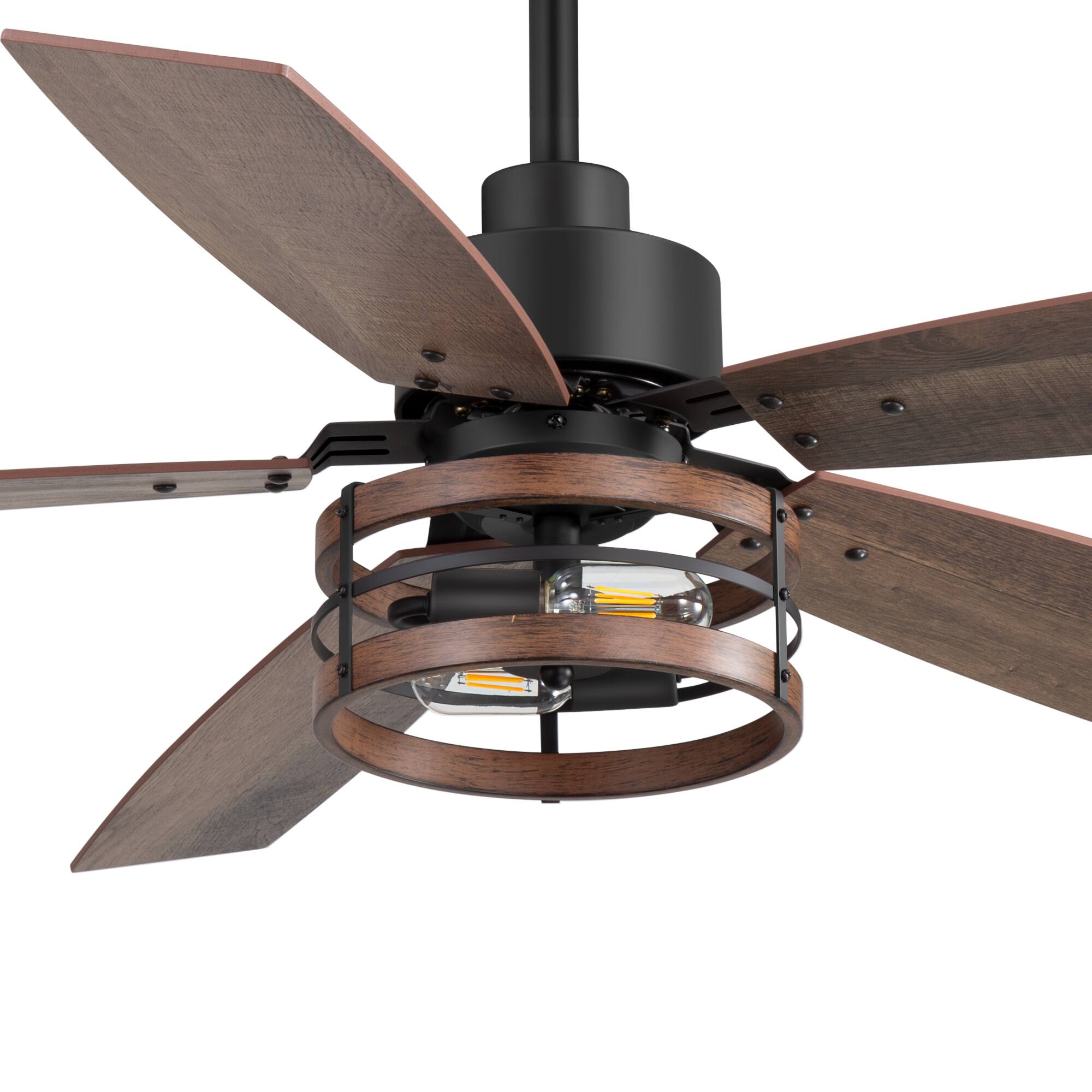 Left. Breezary - 52'' Walnut Wood Indoor Ceiling Fan with Two-Tier Iron-Ring Lantern Shade, Timer, DC Motor, Remote & 6″ Downrod - Matte Black and Brown.