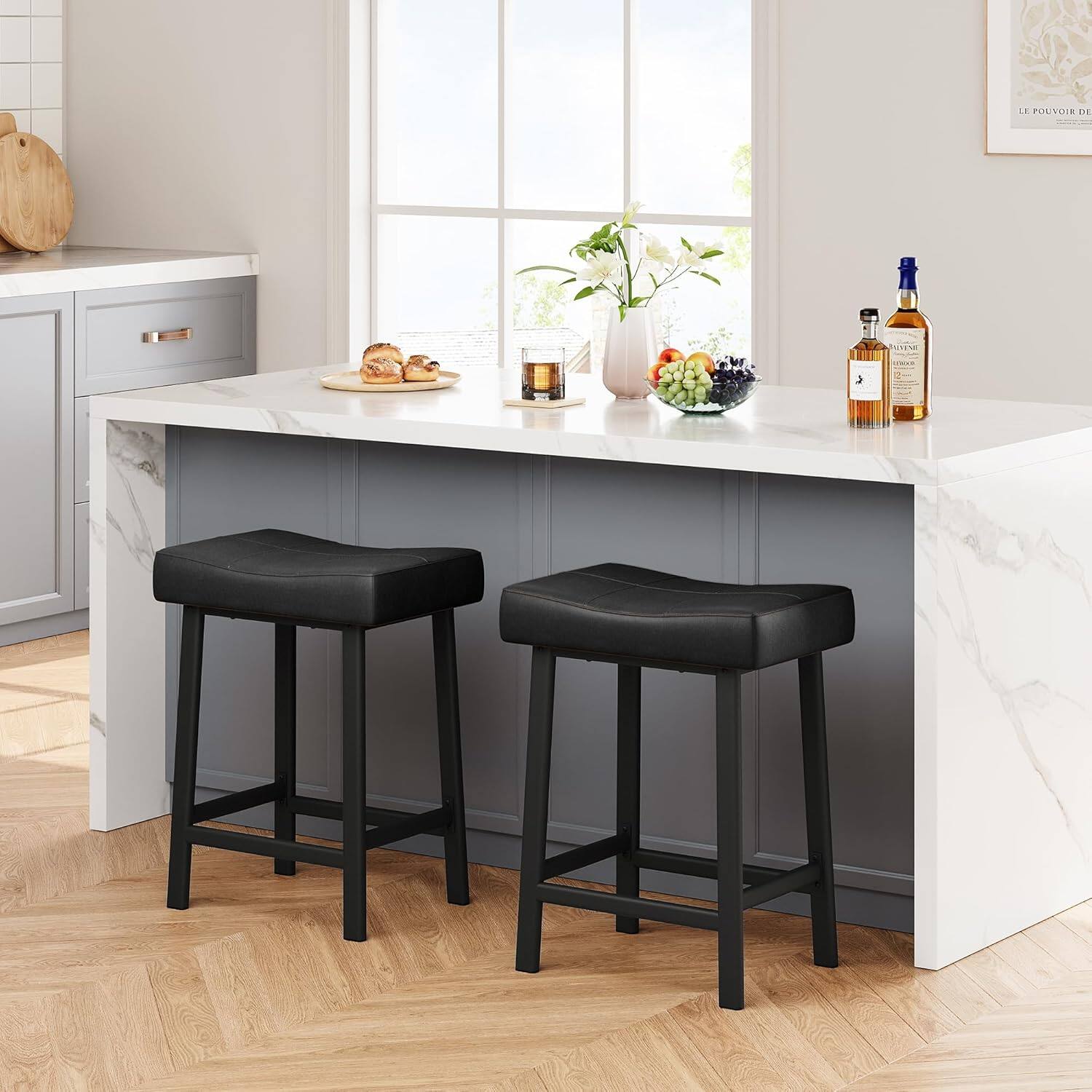 Back. GARVEE - 24 Inch Backless Saddle Barstools Set of 2, Counter Height Upholstered Padded Barstools with Curved Surface, Black - Black.