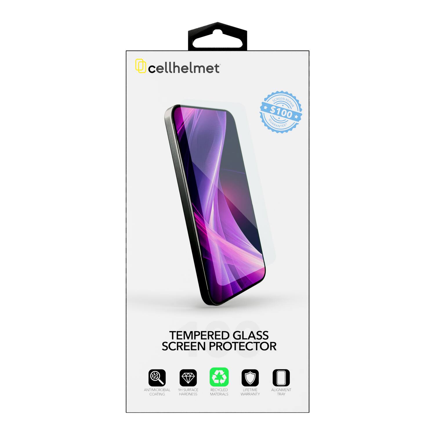 cellhelmet  
N SORLEN DEPAR  
* $ $100 *  
CVARANTURE  
TEMPERED GLASS SCREEN PROTECTOR  
ANTIMICROBIAL SURFACE COATING  
HARDNESS  
RECYCLED MATERIALS  
LIFETIME ALIGNMENT  
CORRECTITY TEST