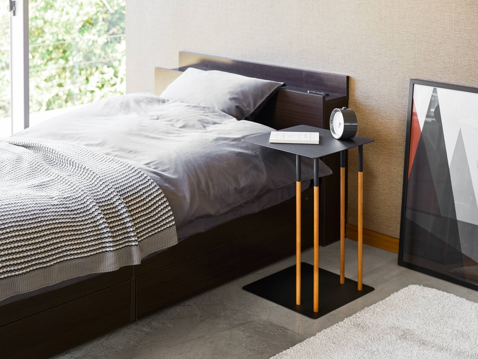 Left. Yamazaki Home - C Side Table (22" H)  - Steel + Wood - Black.