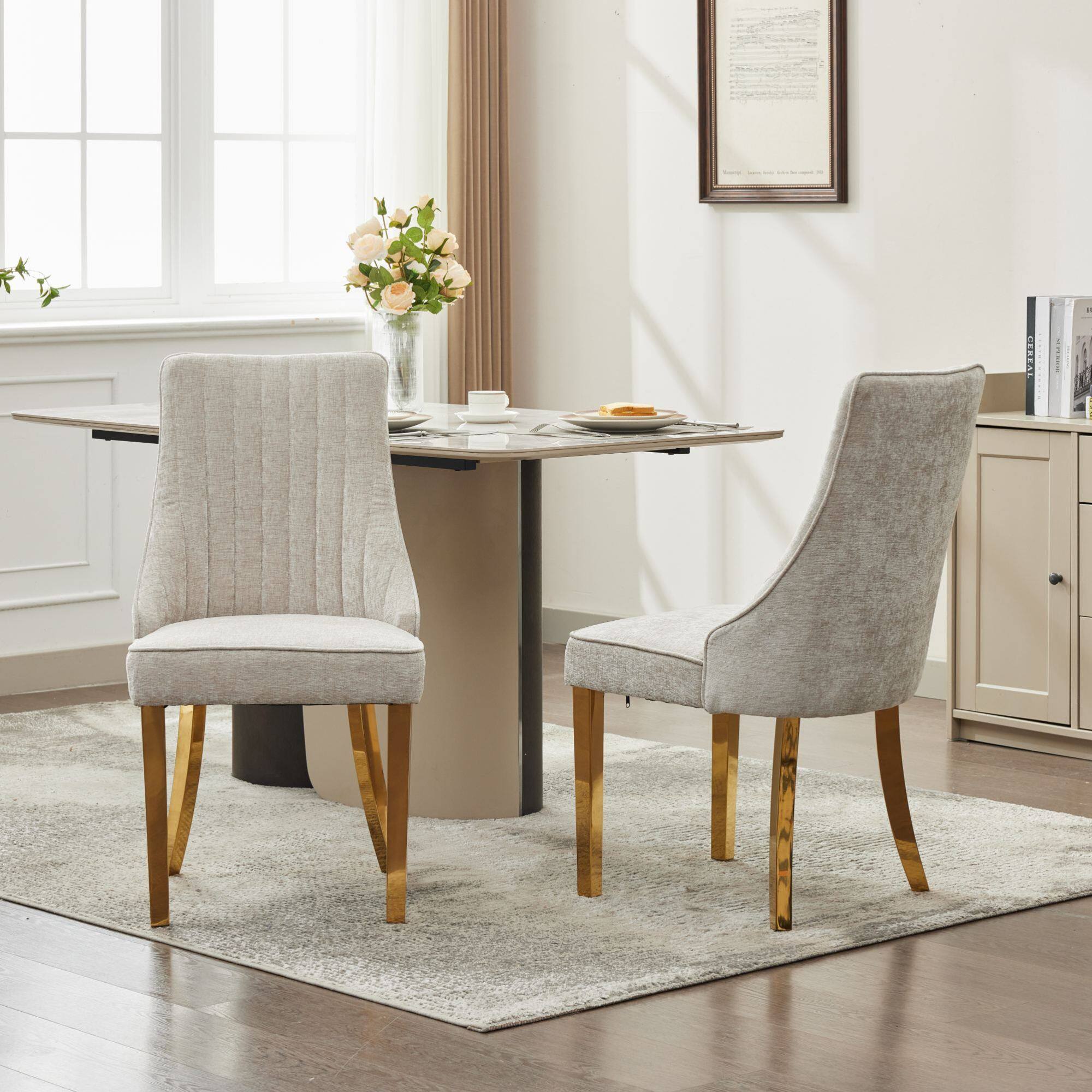 Alt View 10. GOODSILO - Luxury Chenille Fabric Upholstered Dining Chairs with Golden Stainless Steel Legs, Set of 2 - Beige.