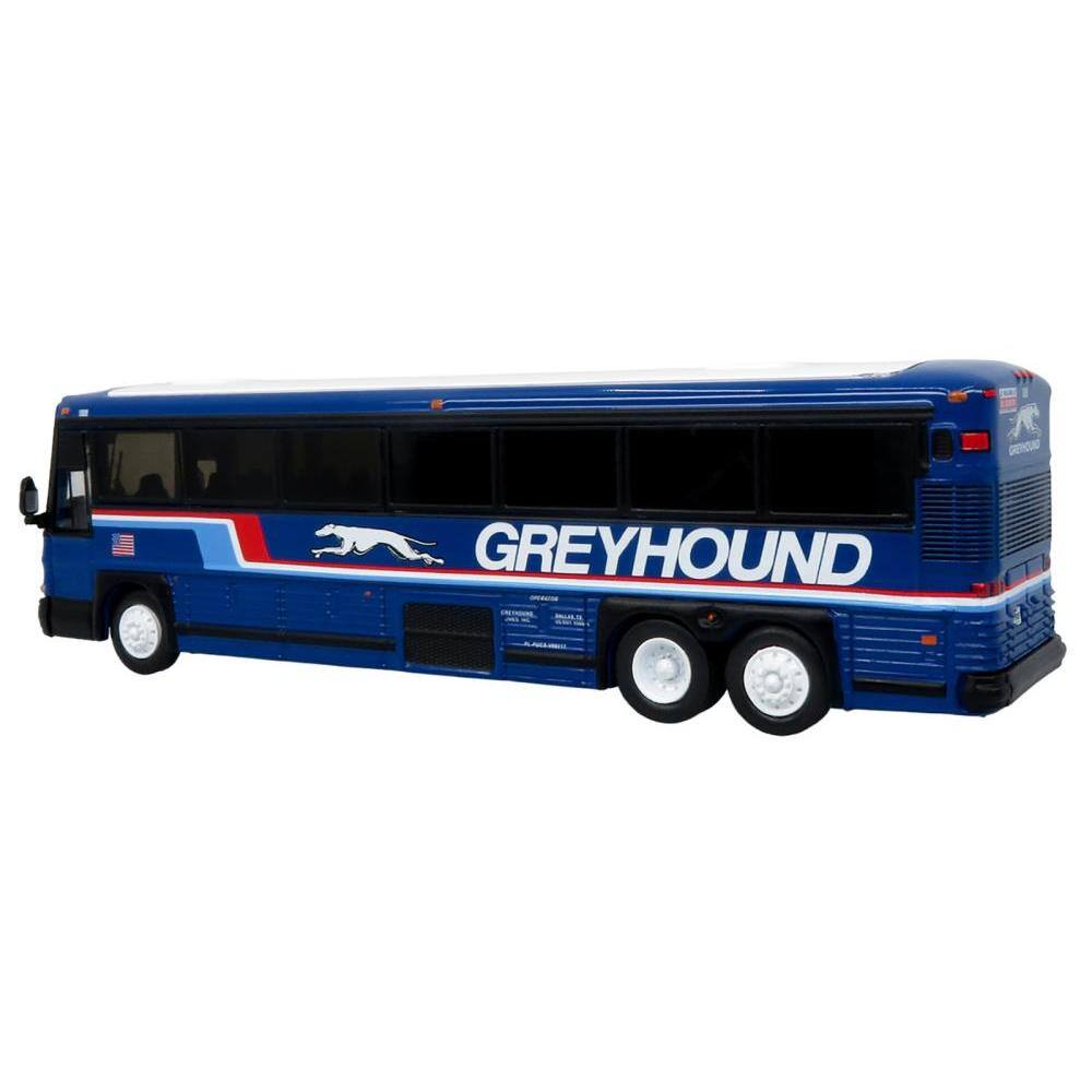 Left. Iconic Replicas - 2001 MCI D4000 Coach Bus Greyhound Blue Stripes Vintage Bus & Motorcoach Collection Limited Edition 1/87 HO - Blue.