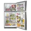 The refrigerator is full of various food items, including milk, juice, and vegetables. There are multiple bottles of juice and milk, as well as a bowl of food. The refrigerator is stocked with a variety of items, making it a well-organized and well-stocked kitchen.