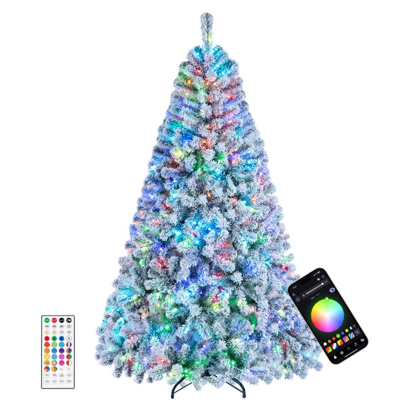 WELLFOR - 6 ft Pre‑Lit Smart Artificial Christmas Tree, Flocked Slim Pencil Xmas Tree with 880 Branch Tips & 300 RGB LED Lights - White