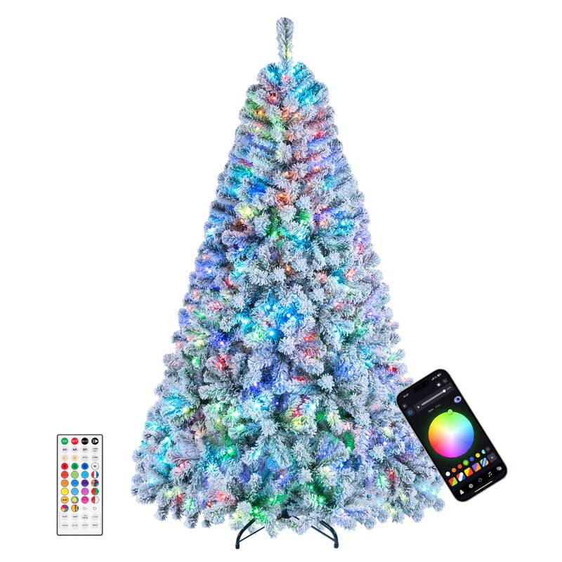 Front. WELLFOR - 6 ft Pre‑Lit Smart Artificial Christmas Tree, Flocked Slim Pencil Xmas Tree with 880 Branch Tips & 300 RGB LED Lights - White.