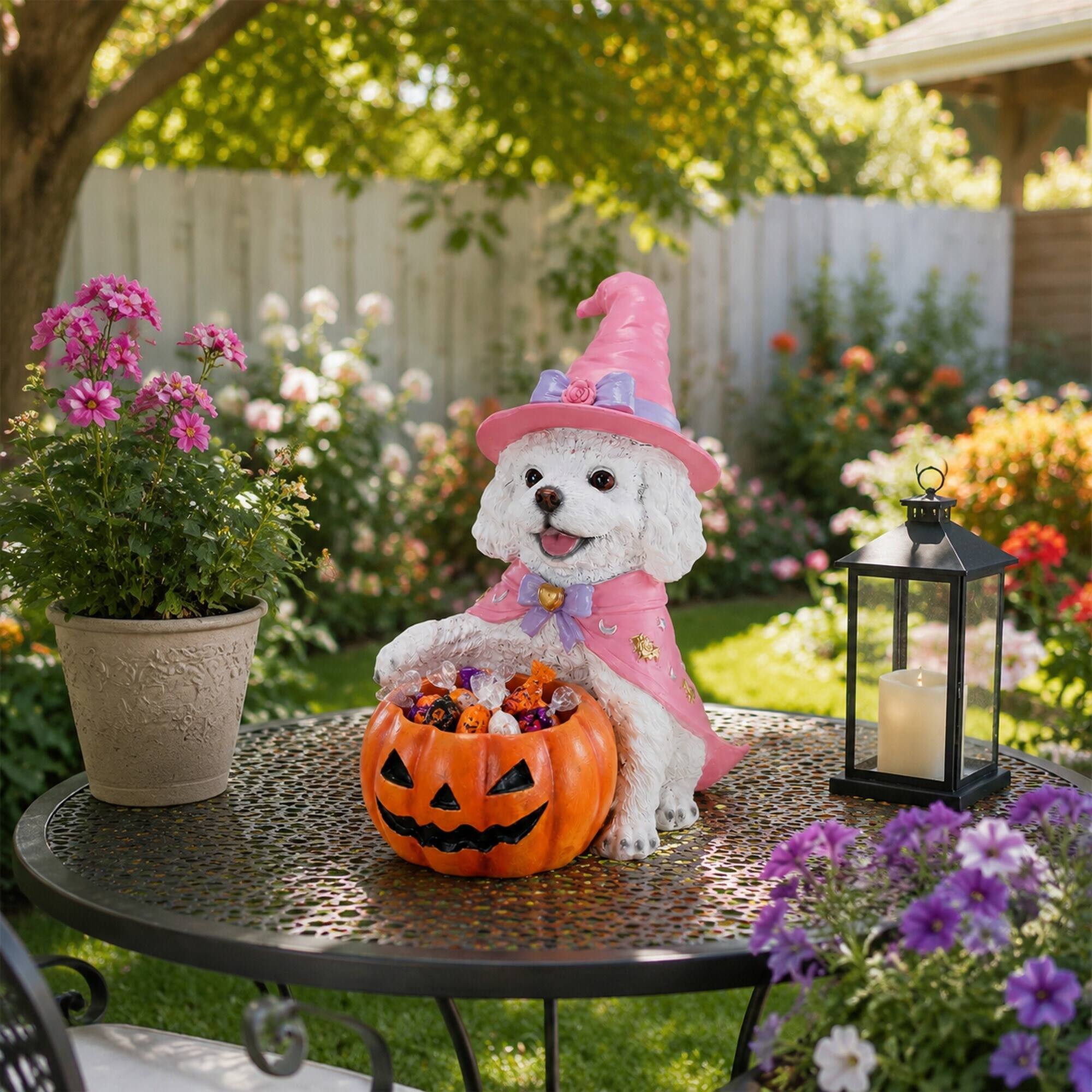 Alt View 2. RYHNUYNE - Halloween White Puppy Figurine with Witch Hat and Pumpkin Candy Bowl for Tabletop Fall Decor - White.