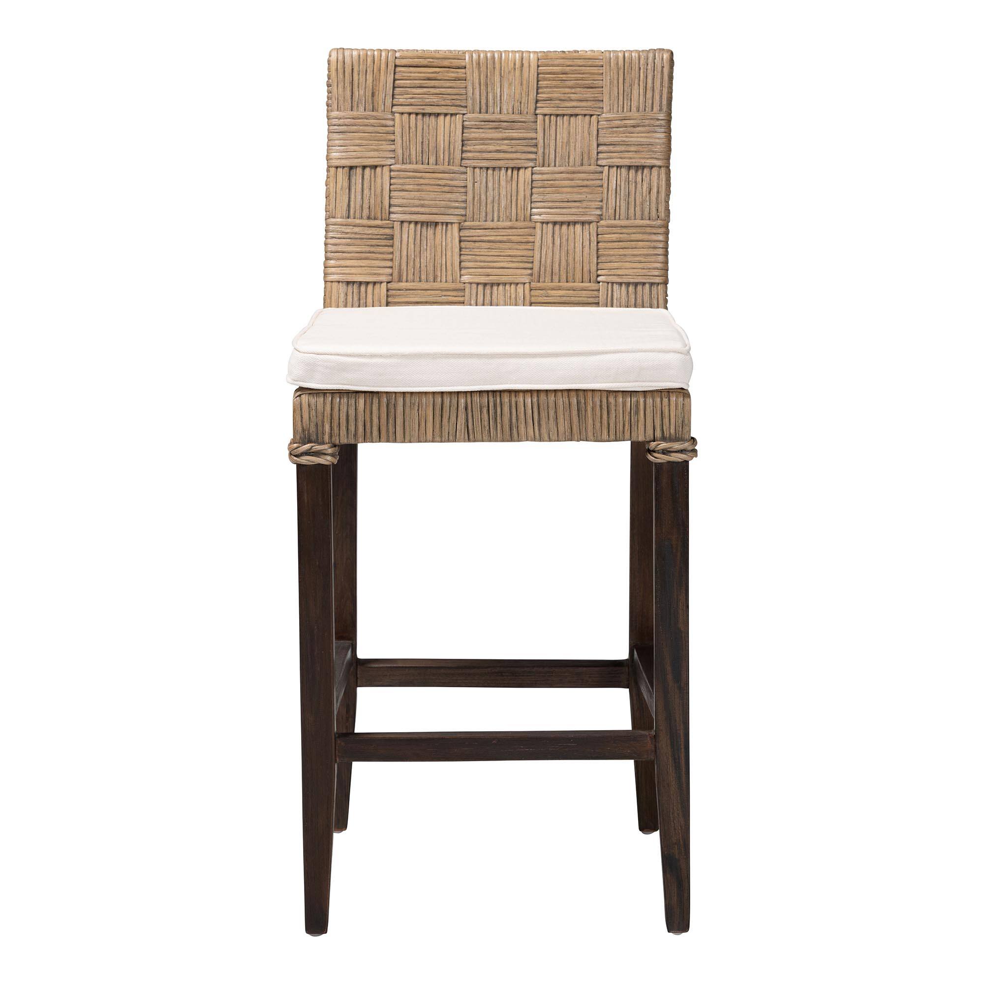 Angle. bali & pari - Fatima Natural Rattan Counter Stool with Cushion – Handwoven Wicker Stool with Basketweave Back and Seat - Grey Taupe/Black.