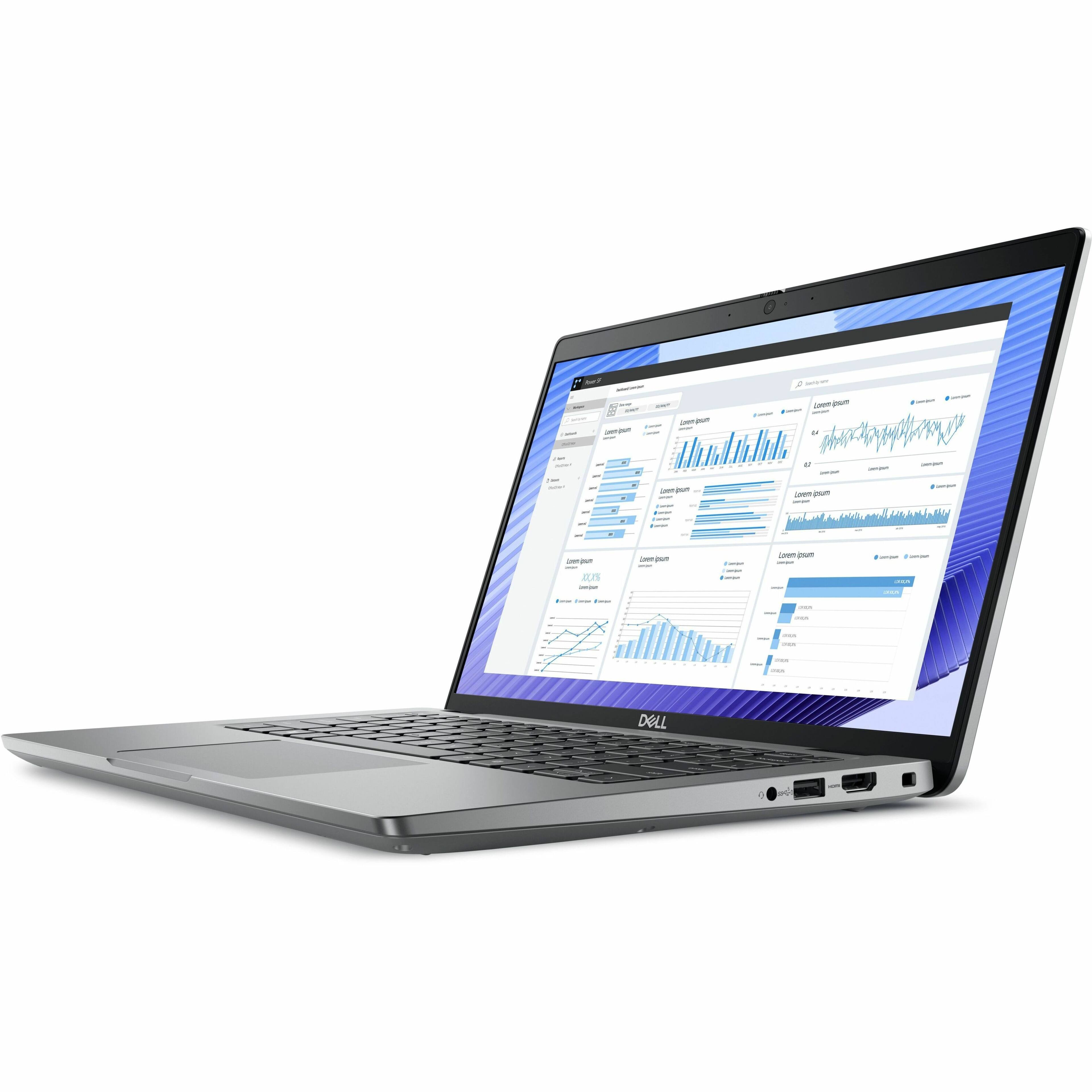 The image features a Dell laptop computer with a large screen displaying a graph. The laptop is open and ready for use.