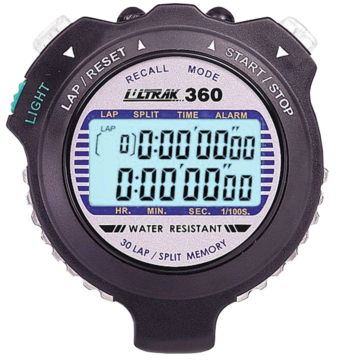 RESET RECALL MODE START - I LAP LLTRAK 360 LIGHT LAP SPLIT TIME ALARM STOP LAP 0:000000 0000000 HR. MIN. SEC. 1/100S. WATER RESISTANT 30 LAP / SPLIT MEMORY