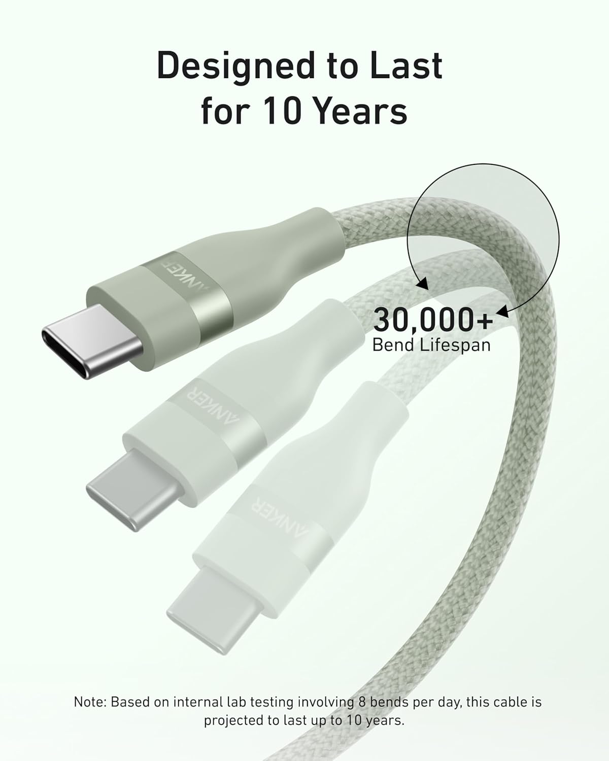 Designed to Last for 10 Years

KEL ANKER

30,000+ Bend Lifespan

Note: Based on internal lab testing involving 8 bends per day, this cable is projected to last up to 10 years.
