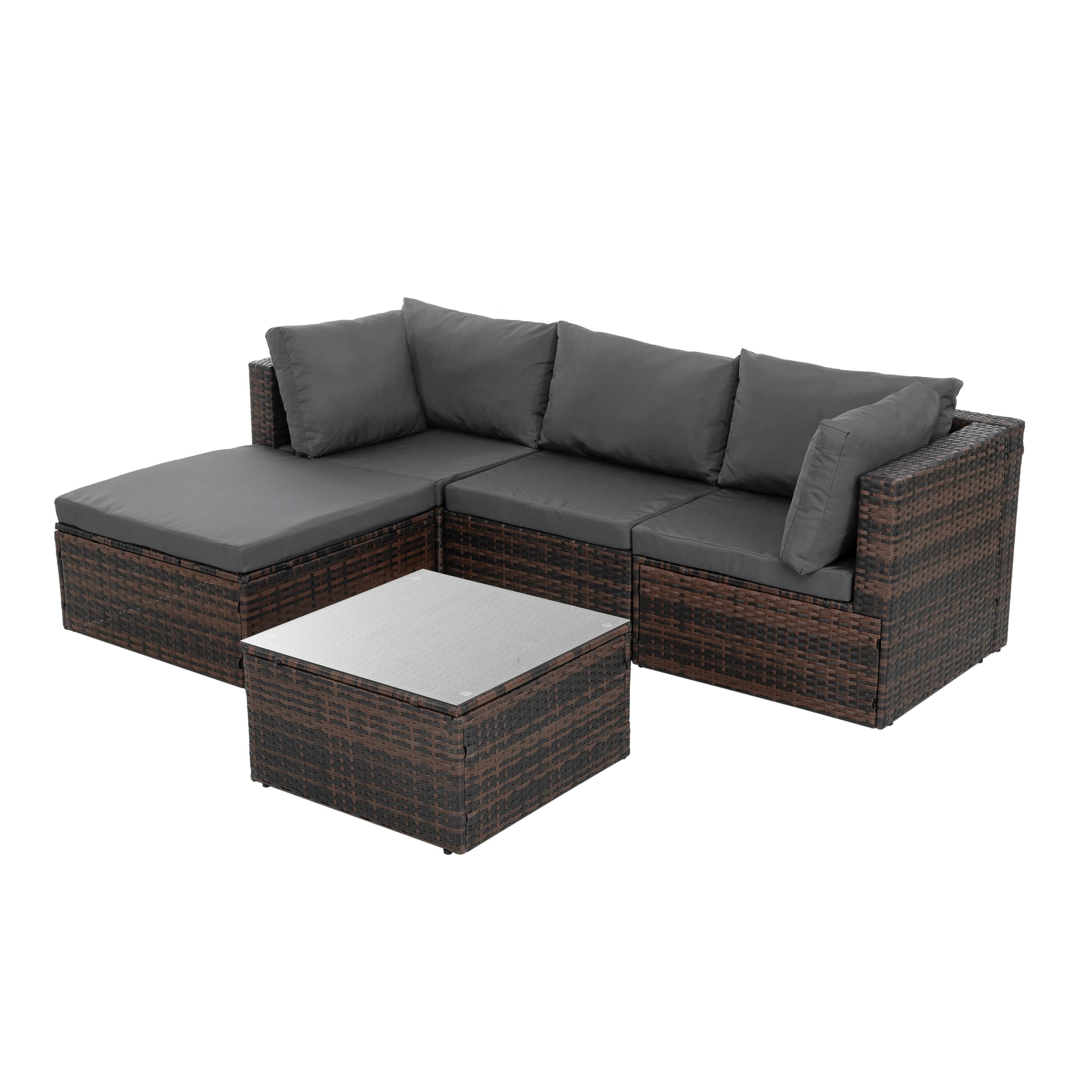 Back. APRILSOUL - Patio Furniture Outdoor Furniture Seasonal PE Wicker Furniture 5 Set Wicker Furniture With Tempered Glass Coffee Table - Brown.
