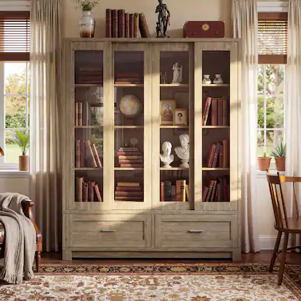 Front. Famapy - Glass Door Display Bookcase, Wood Grain Storage Cabinet with Fixed Shelves.