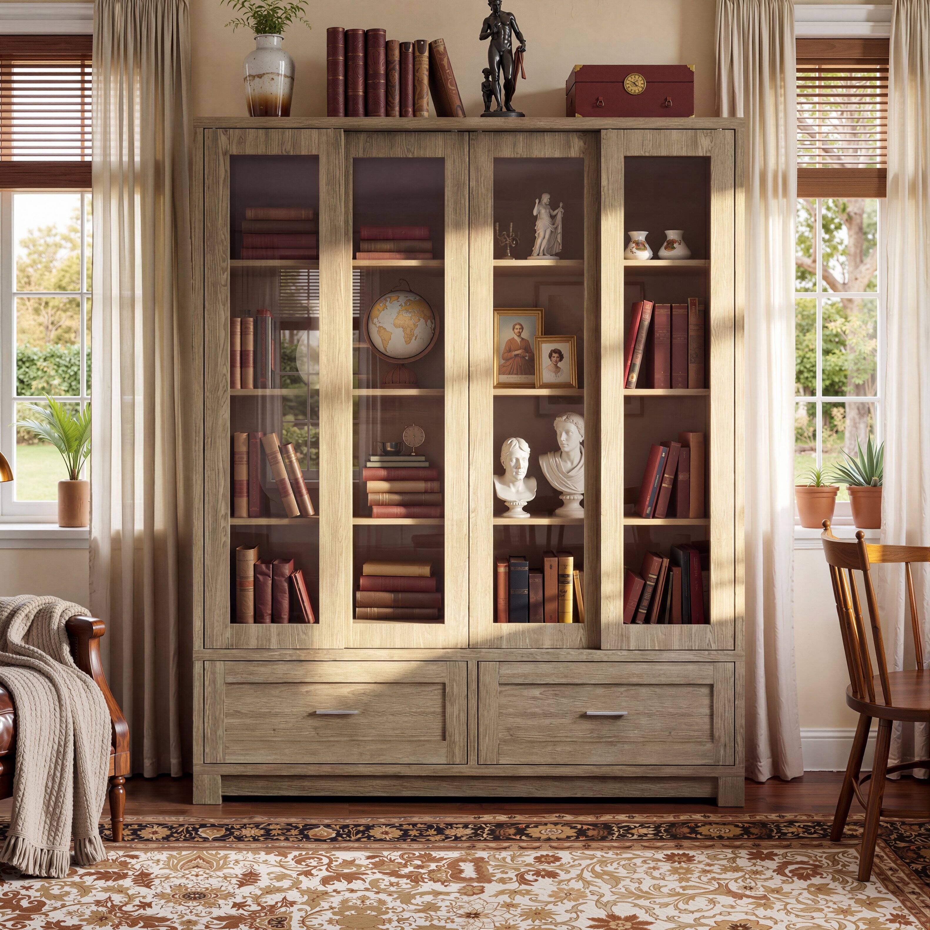 Front. Famapy - Glass Door Display Bookcase, Wood Grain Storage Cabinet with Fixed Shelves.