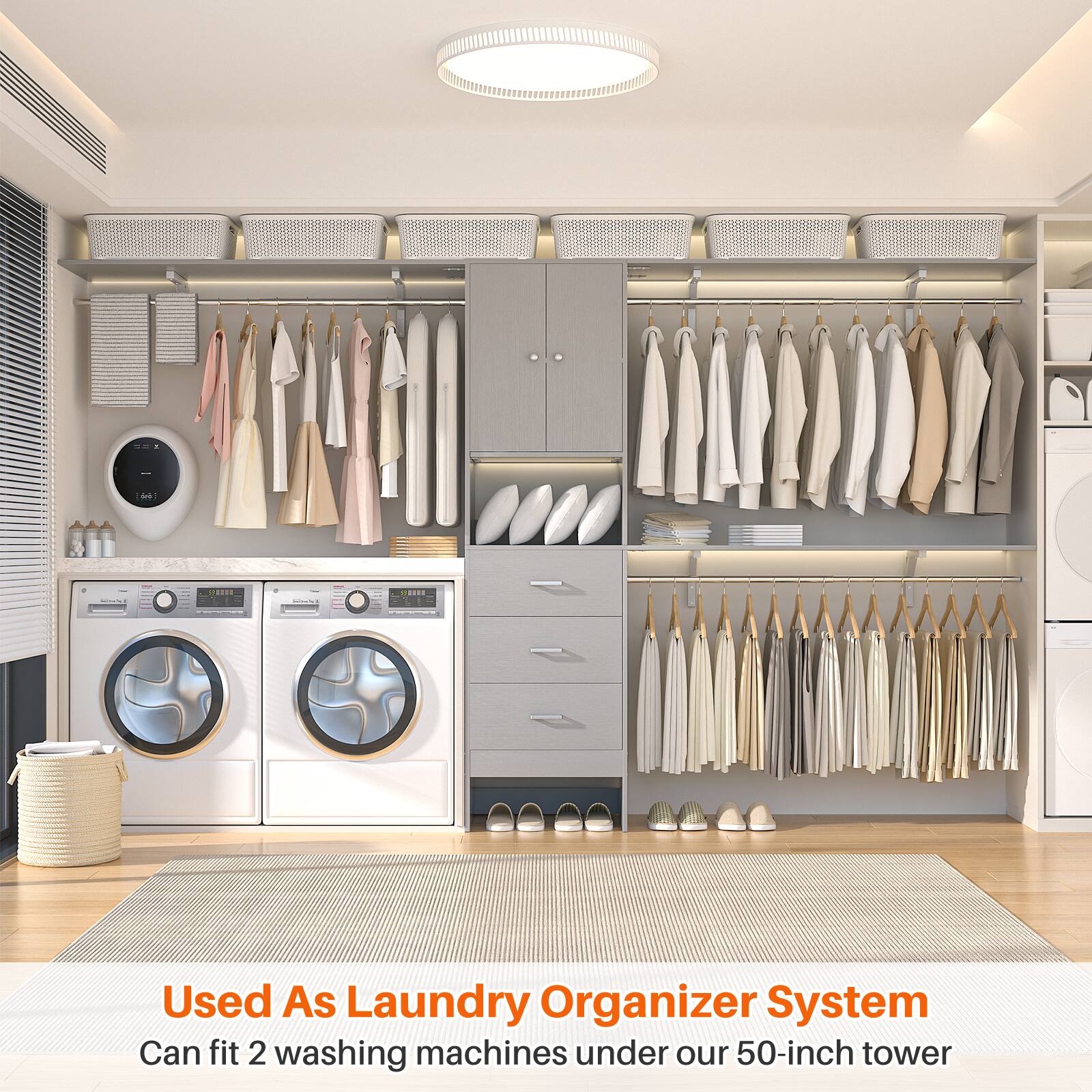 Used As Laundry Organizer System  
Can fit 2 washing machines under our 50-inch tower