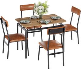 Qeetex - 5-Piece Industrial Dining Set, Wood Table & 4 PU Upholstered Chairs, Metal Frame Dinette for Kitchen, Apartment - Brown
