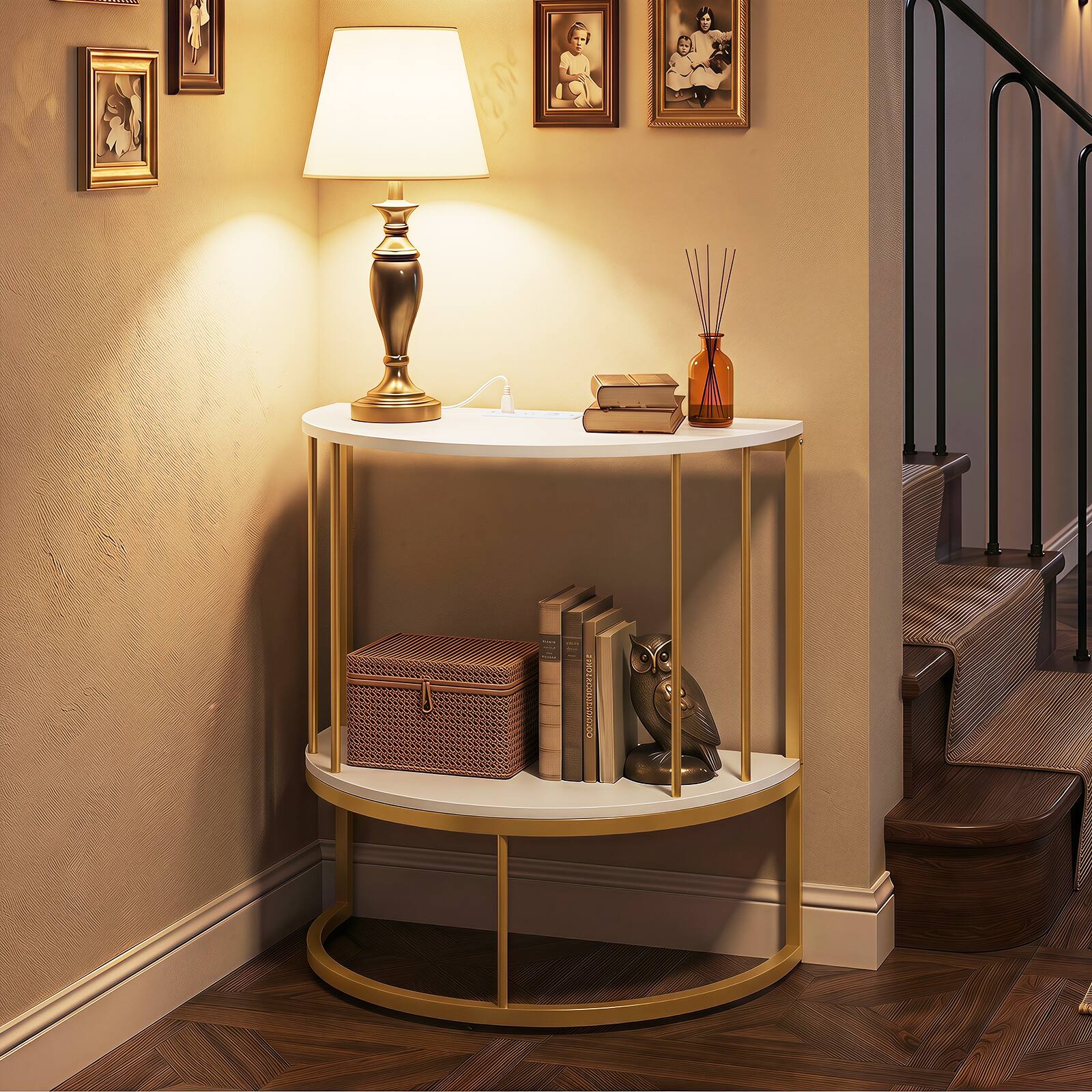 Alt View 4. Costway - Costway Half Moon Console Table with Power Outlets, 2-Tier Entryway Table with Storage Shelf - Gold & White.