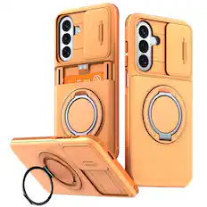 Front. Dteck - Rugged Case for Samsung Galaxy S25 Shockproof Drop Protection Hidden Card Slot Ring Kickstand Sliding Camera Cover - Orange.