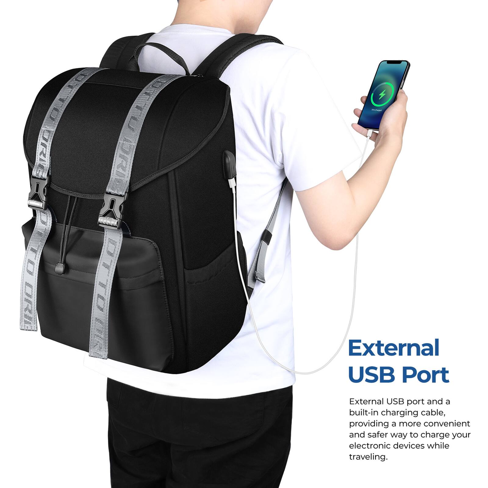 External USB Port

External USB port and a built-in charging cable, providing a more convenient and safer way to charge your electronic devices while traveling.