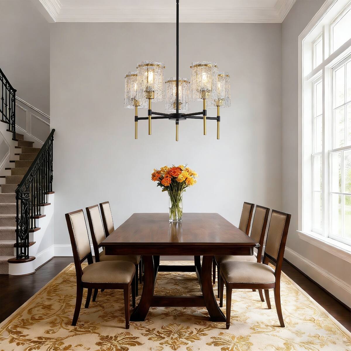 Alt View 2. Loheer - Loheer Five Light Black and Gold Chandelier With Textured Glass for Dining Room.