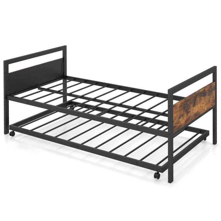 Front. SlickBlue - Convertible Metal Daybed with Trundle and Safety Locking Wheels - Rustic Brown, Black.