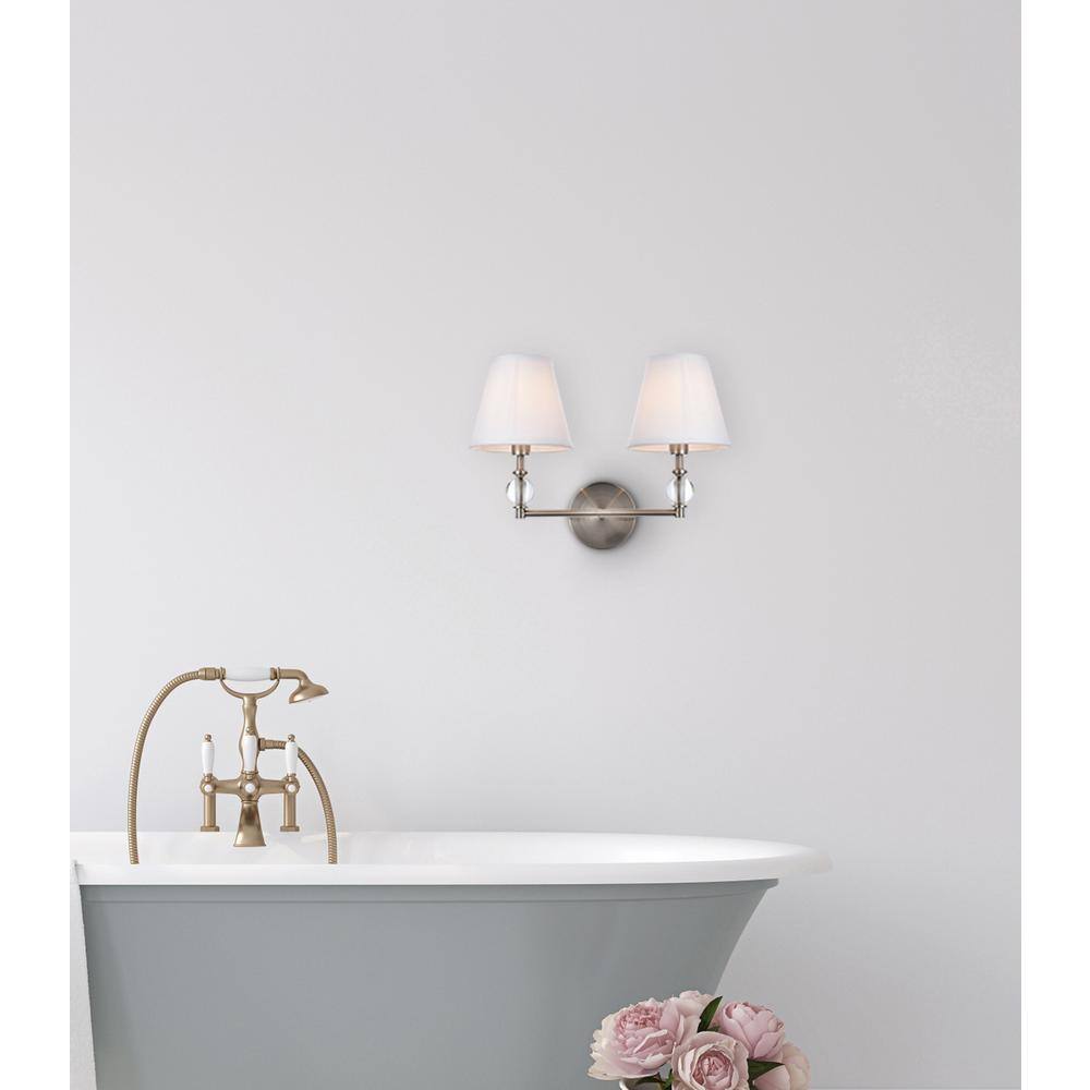 Angle. Living District - Bethany 2 lights bath sconce in satin nickel with white fabric shade - Satin Nickel And White Fabric Shade.