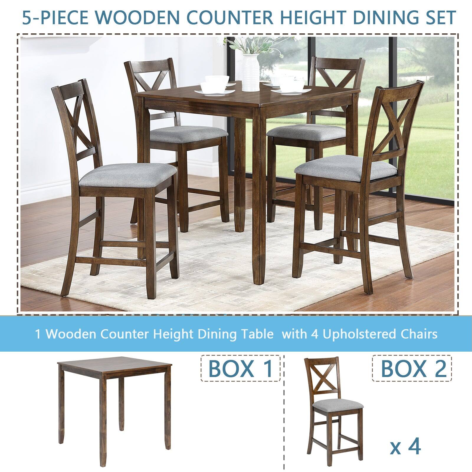 5-PIECE WOODEN COUNTER HEIGHT DINING SET

1 Wooden Counter Height Dining Table with 4 Upholstered Chairs

BOX 1
BOX 2 x 4