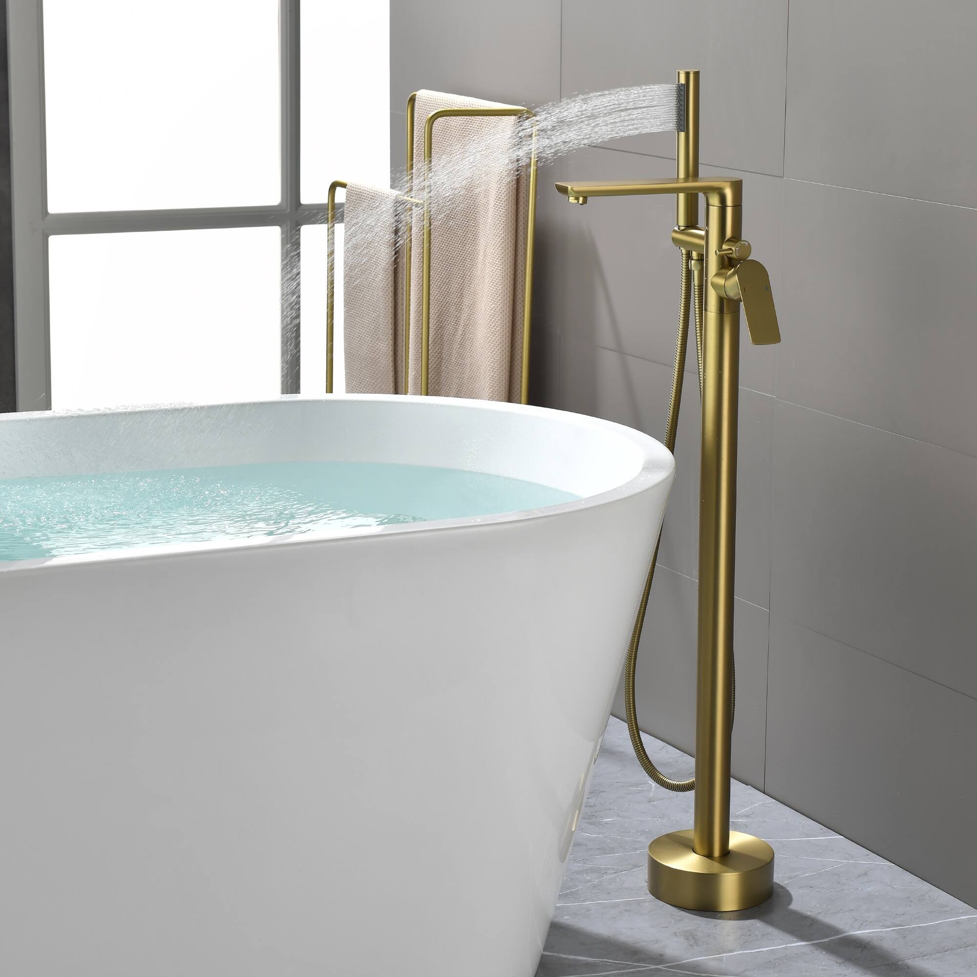 Alt View 2. Boyel Living - Brushed Gold Freestanding Bathtub Faucet Solid Brass Single Handle 360° Swivel 60-Inch Hose cUPC Certified - Brushed Gold.