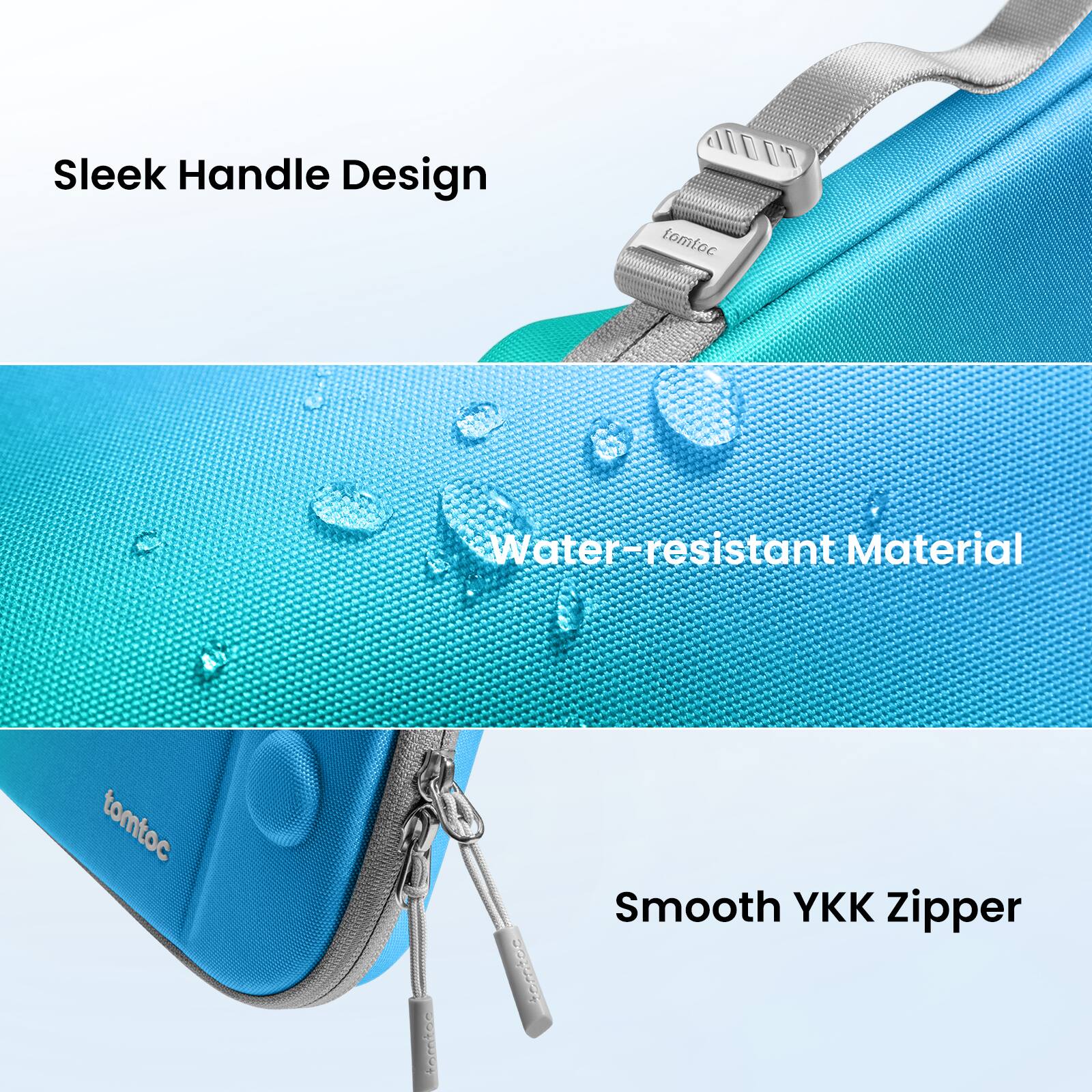 Sleek Handle Design, tomtoc, Water-resistant Material, Smooth YKK Zipper
