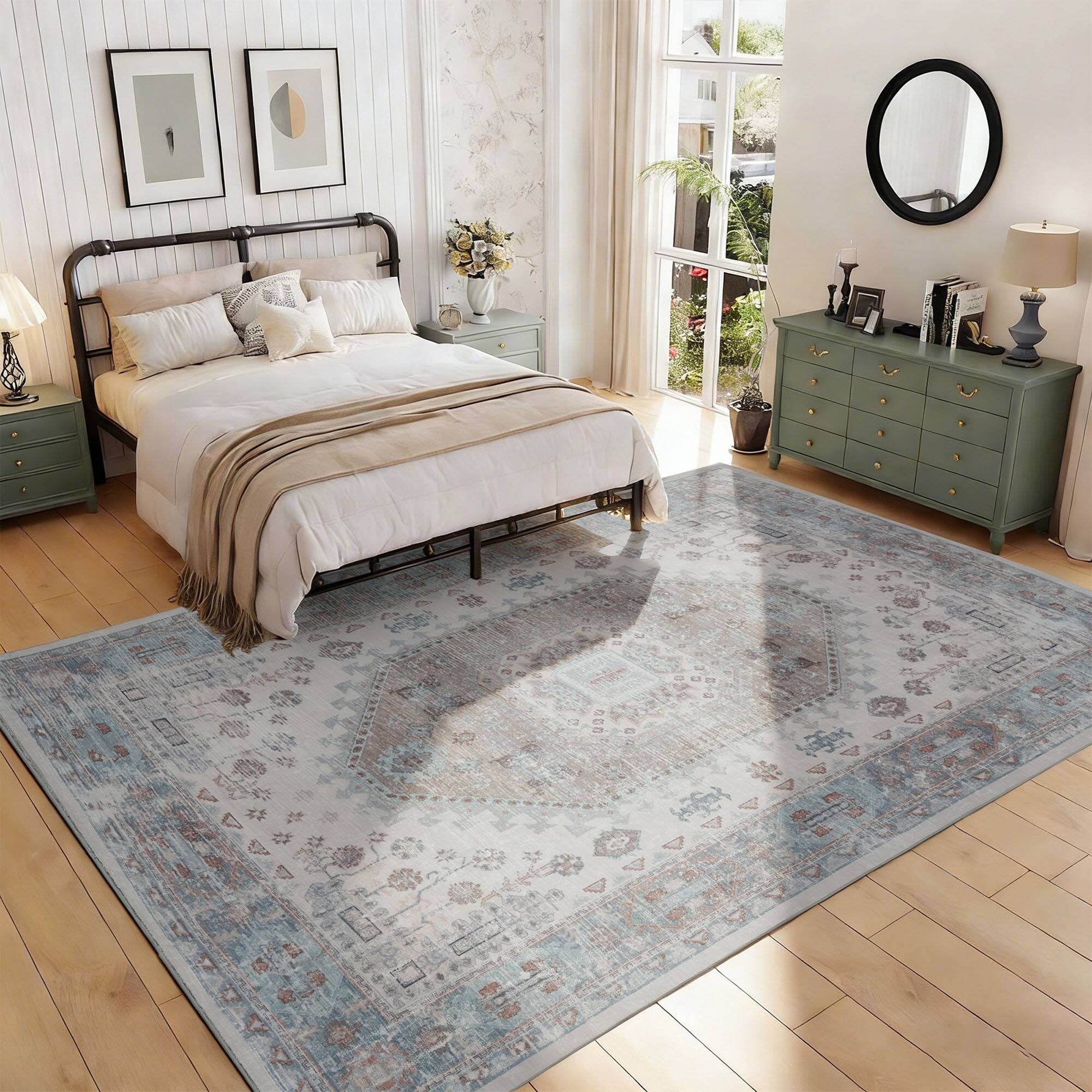 Left. RYHNUYNE - Washable Rugs 9x12 Area Rugs for Living Room, Stain Resistant Thin Carpe, Turquoise Soft Rugs for Nursery Home Office - Turquoise.