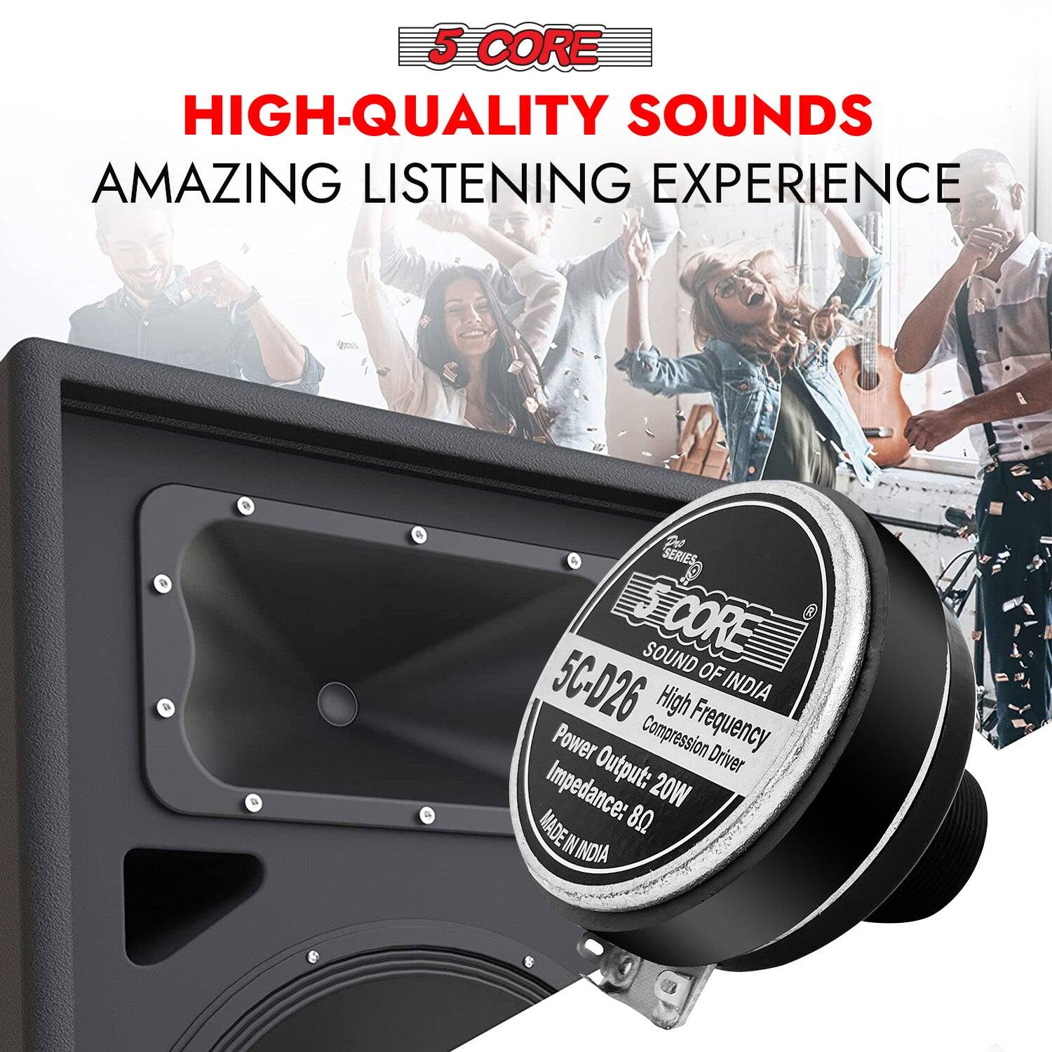 5 CORE HIGH-QUALITY SOUNDS AMAZING LISTENING EXPERIENCE

SEED SCORE SOUND OF 5C-D26
High Frequency INDIA
Power Compression Driver
Impedance: 8Ω
Output: 20W
MADE IN INDIA