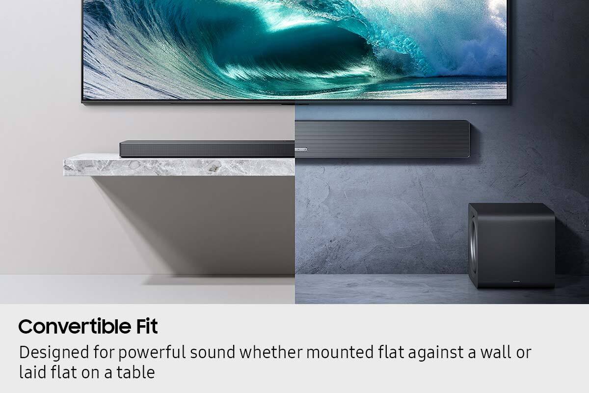 Convertible Fit Designed for powerful sound whether mounted flat against a wall or laid flat on a table.