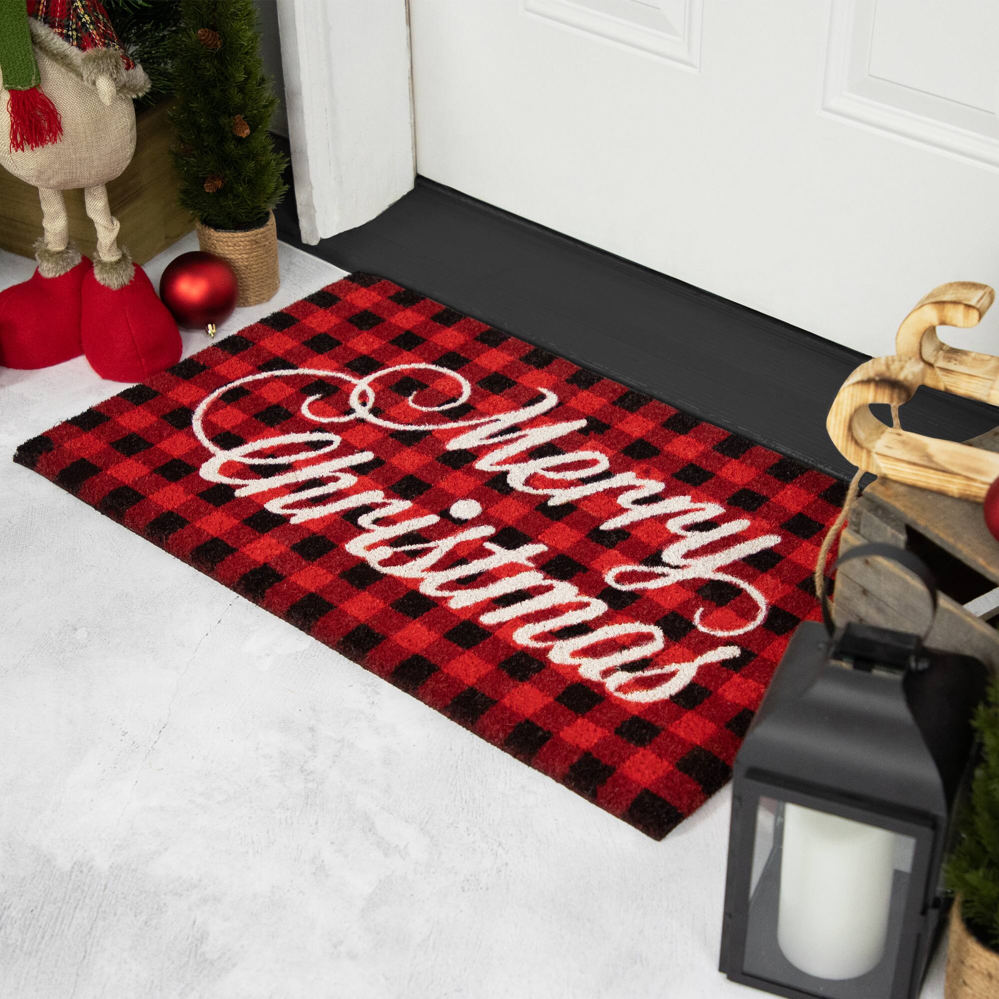 Alt View 2. Northlight - Red and Black Plaid "Merry Christmas" Natural Coir Christmas Outdoor Doormat 18" x 30" - Red.