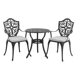 Nuu Garden - 24 Inch Cast Aluminum Bistro Table with Umbrella Hole and 2 Bistro Chairs - Black and Gray
