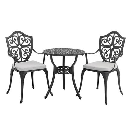 Front. Nuu Garden - 24 Inch Cast Aluminum Bistro Table with Umbrella Hole and 2 Bistro Chairs - Black and Gray.