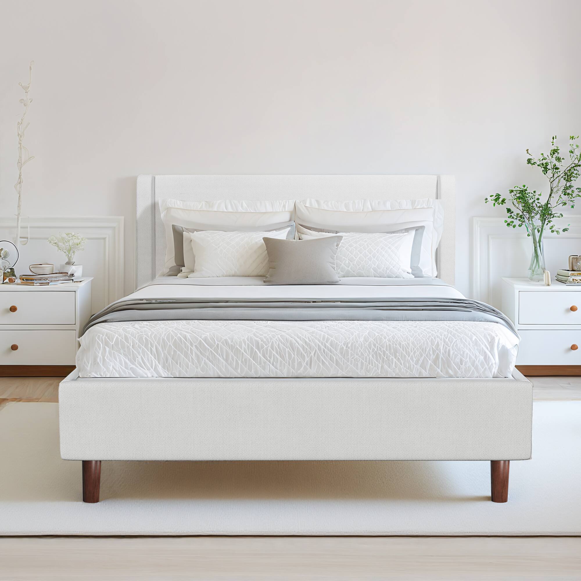 Alt View 6. KERDOM - Platform Bed Frame With Chenille High Headboard & Strong Legs, Tall Wingback, Noise-Free, 800lbs Capacity, Widen Side - White.