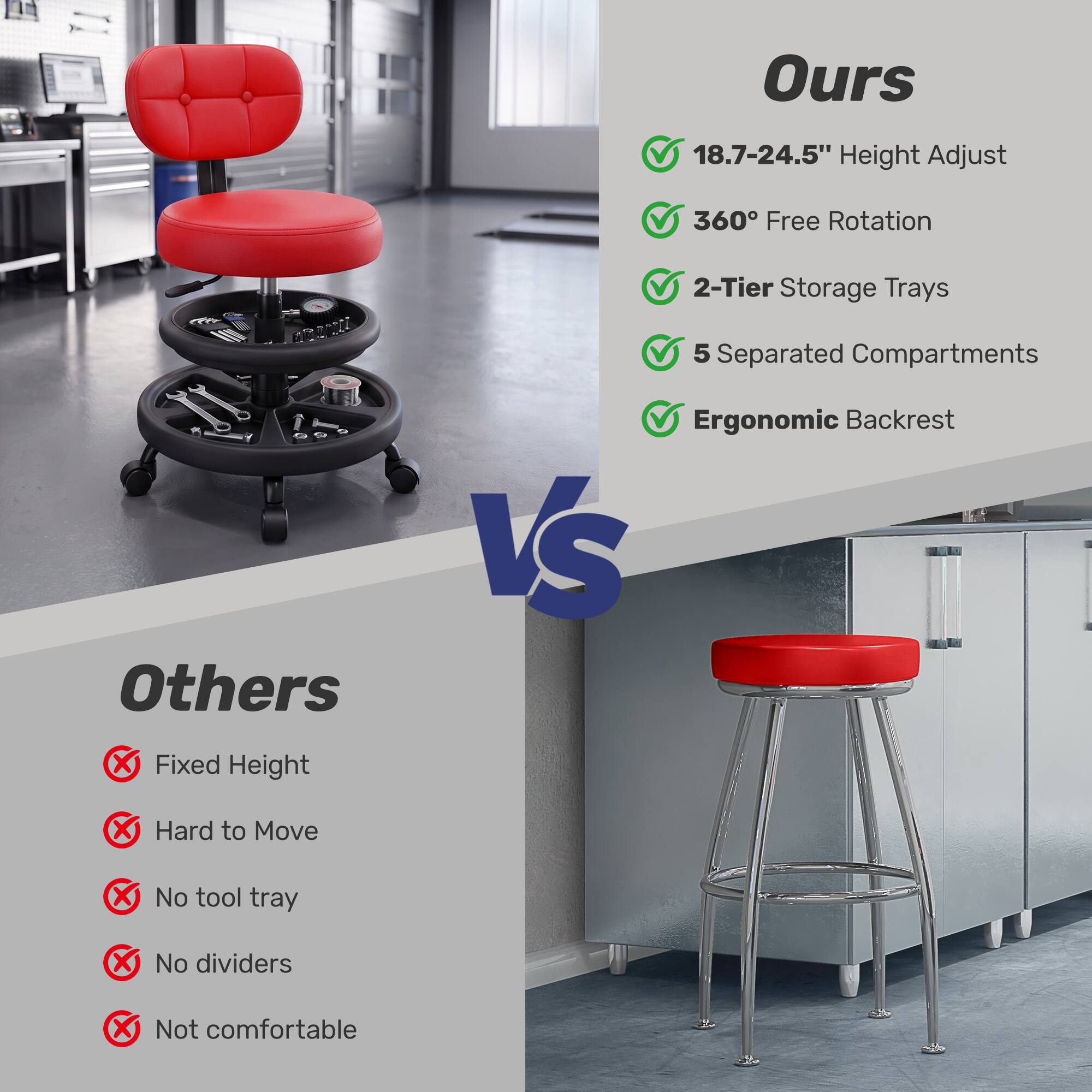 Ours
- 18.7-24.5" Height Adjust
- 360° Free Rotation
- 2-Tier Storage Trays
- 5 Separated Compartments
- Ergonomic Backrest

Others
- Fixed Height
- Hard to Move
- No tool tray
- No dividers
- Not comfortable