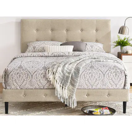 Front. Decoro - DeCoro Cambridge Upholstered Wooden Platform Bed Frame w/Headboard, Queen, Linen - Beige.