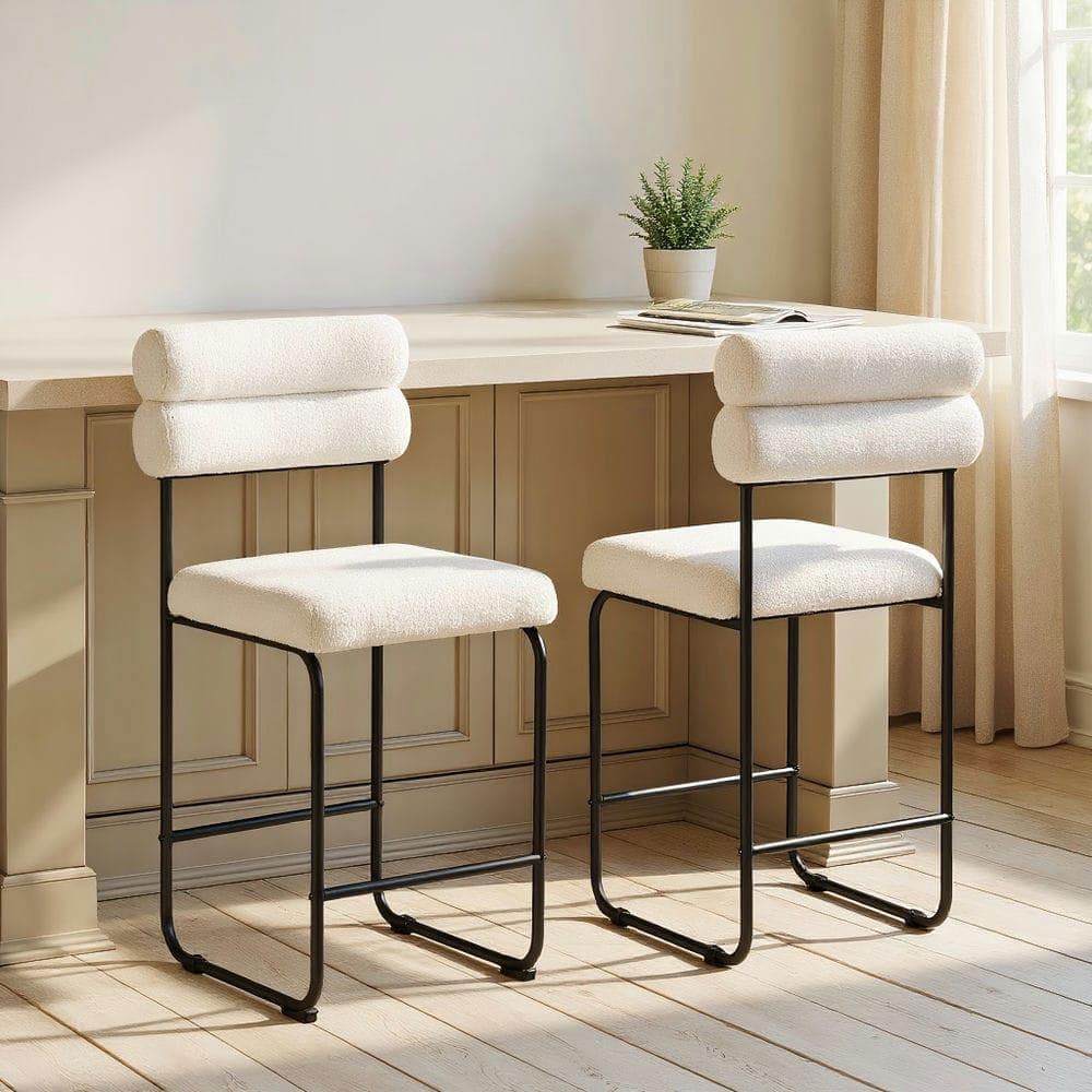 Kadyn - Set of 2 26-Inch Counter-Height Bar Stools with Metal Frame and Footrest, and Black - White