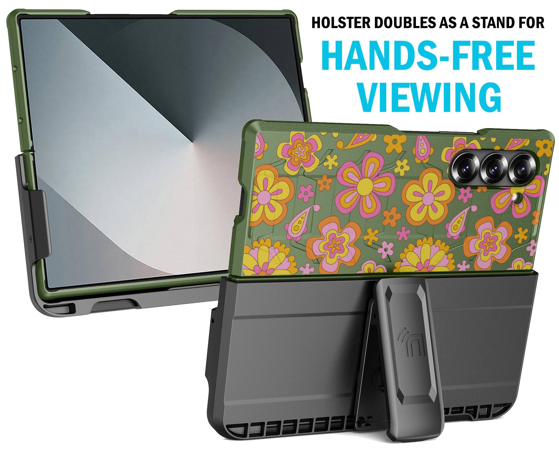 Holster doubles as a stand for hands-free viewing
