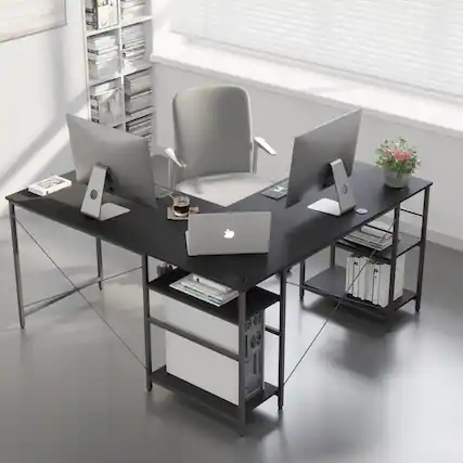 Front. Bestier - Bestier 59inch L Shaped Desk with Shelves Home Office Gaming Computer Desk - black.