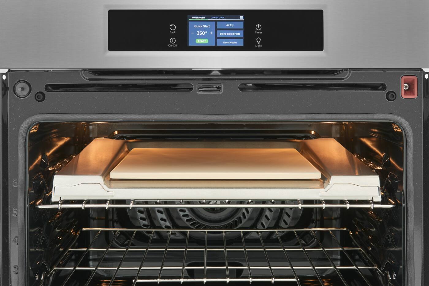 - Lower Oven
- Quick Start
- 350°
- Air Fry
- Stone-Baked Pizza
- Oven Modes
- Timer On/Off
- Light
- Back
- Start