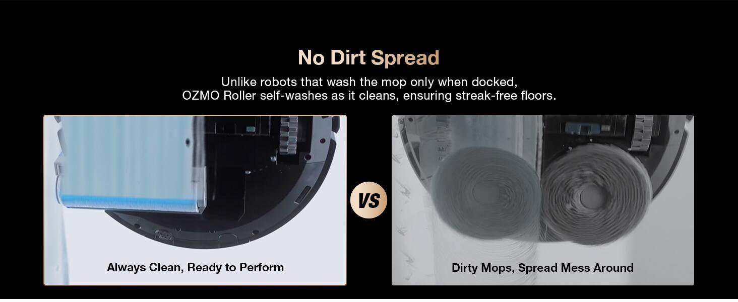 No Dirt Spread

Unlike robots that wash the mop only when docked, OZMO Roller self-washes as it cleans, ensuring streak-free floors.

VS

Always Clean, Ready to Perform

Dirty Mops, Spread Mess Around