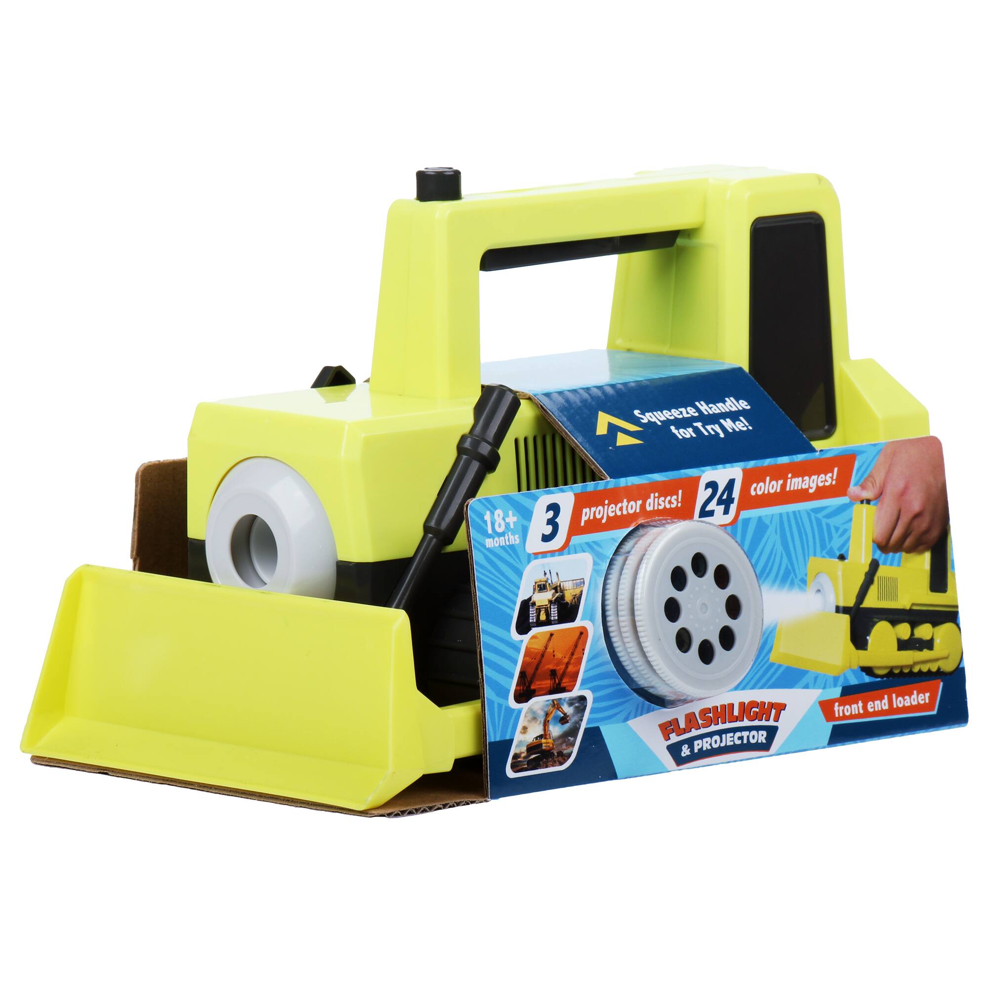 The image features a yellow toy projector with a flashlight and a squeeze handle. The toy is designed for children aged 18 months or older and comes with projector discs. The projector also has a front loader, making it a versatile and fun toy for kids.