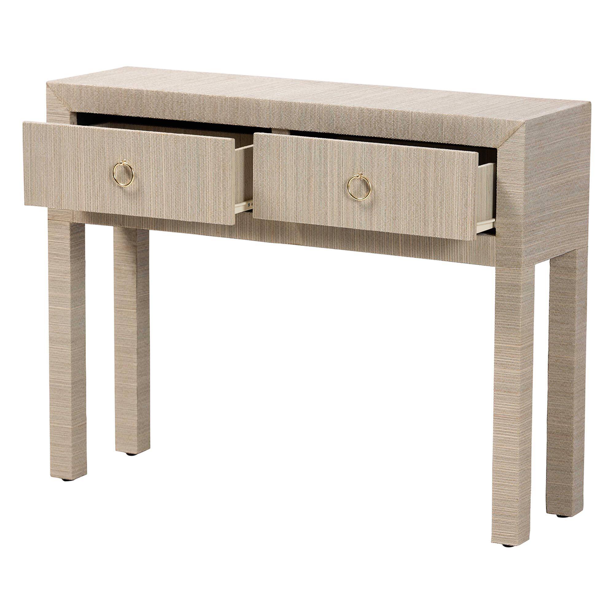 Angle. bali & pari - Noah Grasscloth 2-Drawer Console Table - Woven Texture Entryway Table with Gold Ring Pulls, for Narrow Hallway - Beige/Gold.
