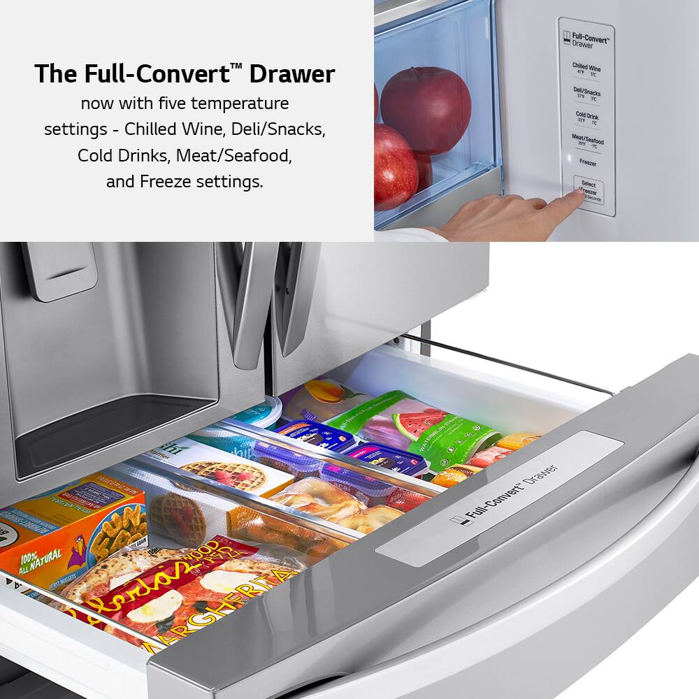 The Full-Convert™ Drawer  
now with five temperature settings - Chilled Wine, Deli/Snacks, Cold Drinks, Meat/Seafood, and Freeze settings.

Full-Convert™ Drawer  
Chilled Wine  
Deli/Snacks  
Cold Drinks  
Meat/Seafood  
Freezer  
Select  
Freezer  
Temperature

100% NATURAL  
ALL NATURAL  
PIZZA  
MARGHERITA