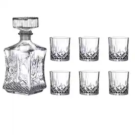 Kitcheniva - 25 oz Stylish Glass Whiskey Decanter Set with Stopper - Includes 6 Glasses (7.4 oz) - Clear