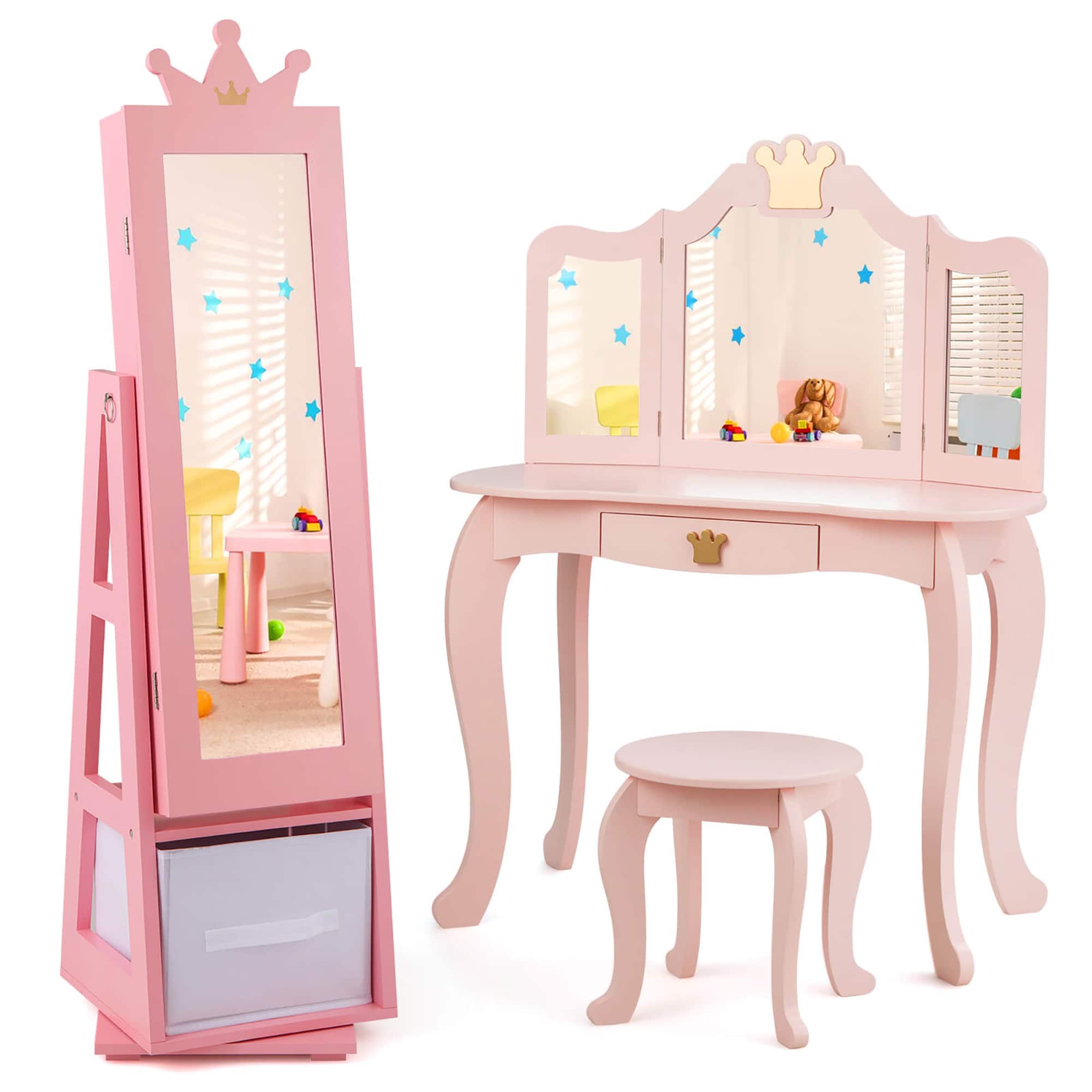 Gymax - Kids Vanity Set Princess Makeup Dressing Table & Chair Set w/ Jewelry Armoire - Pink price history on PriceWatchPro