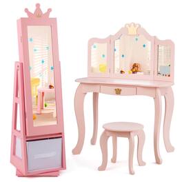 Gymax - Kids Vanity Set Princess Makeup Dressing Table & Chair Set w/ Jewelry Armoire - Pink